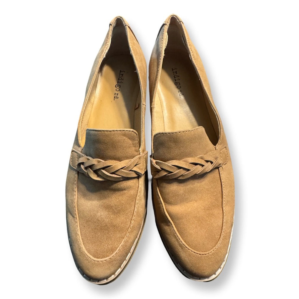 Indigo Tan Suede Loafers with Braided Accent
